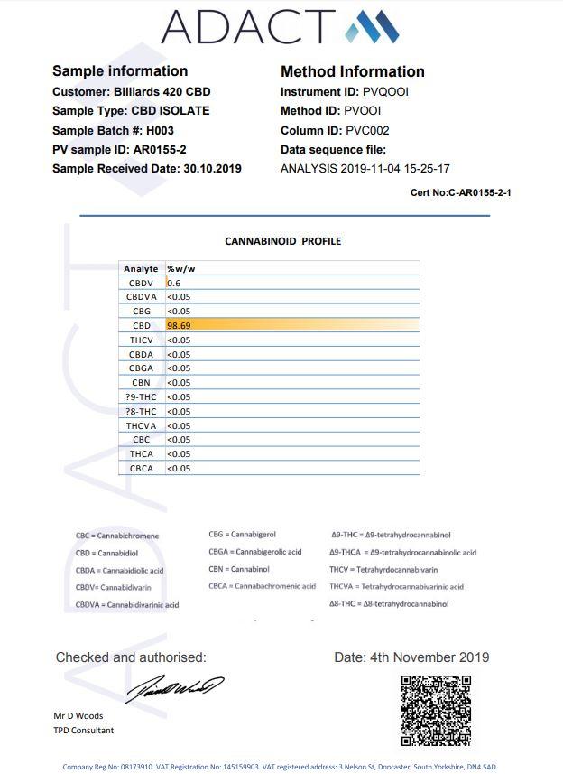Billiards 420 Terpene Infused 50ml E-Liquid 2000mg CBD