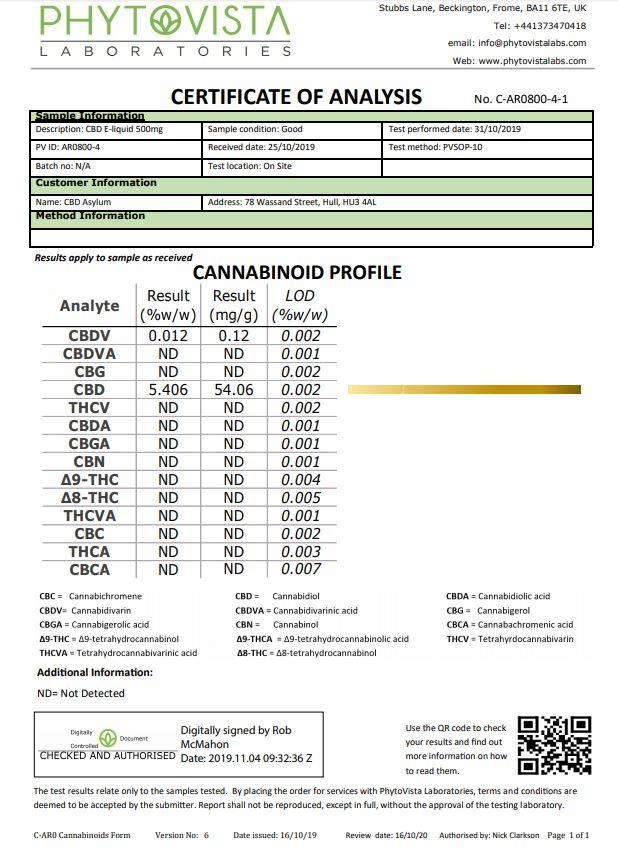 CBD Asylum 500mg CBD E-liquid 10ml (70VG/30PG)