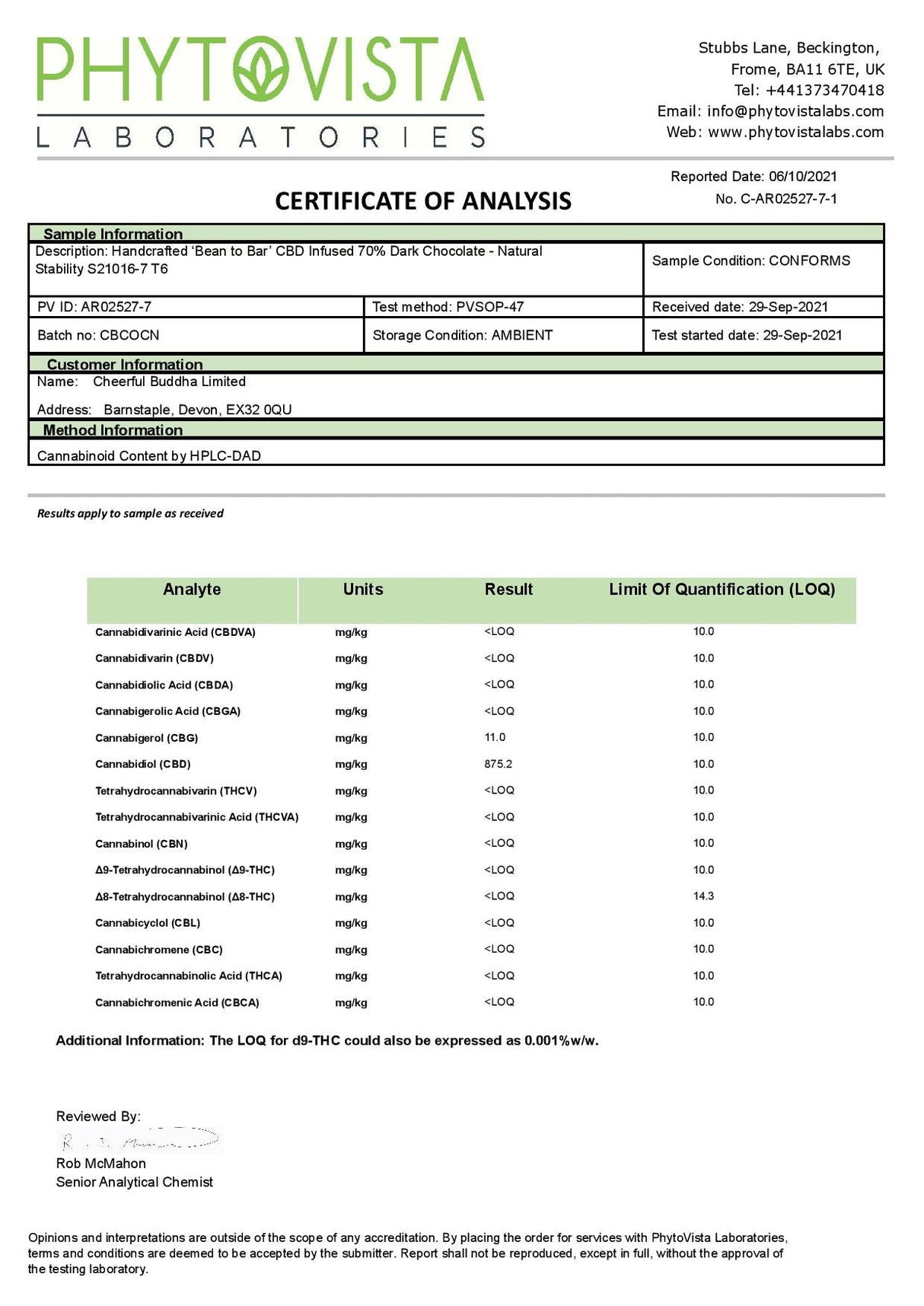 Cheerful Buddha 70mg CBD Dark Chocolate 70g