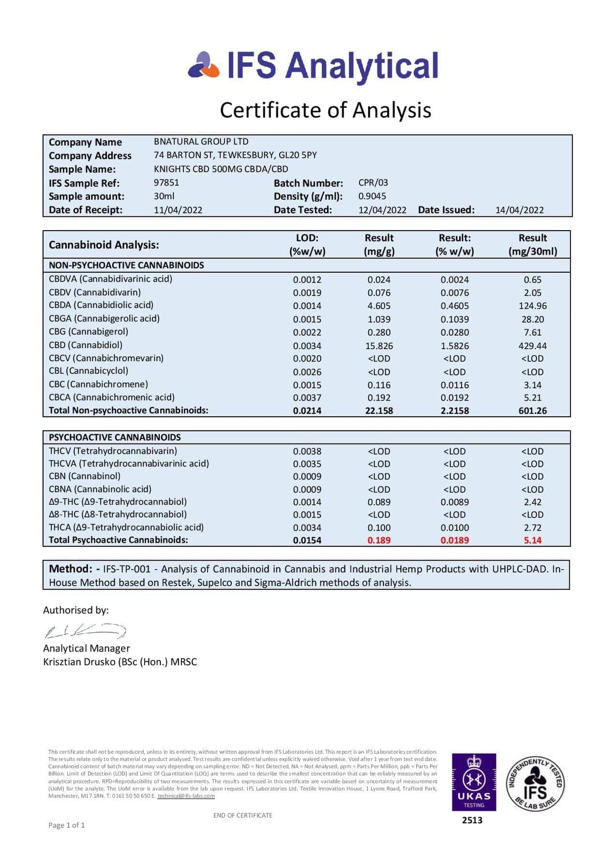 Knights CBD 500mg CBDa-CBD Indica Blend Raw Cold-Pressed Oil - 30ml
